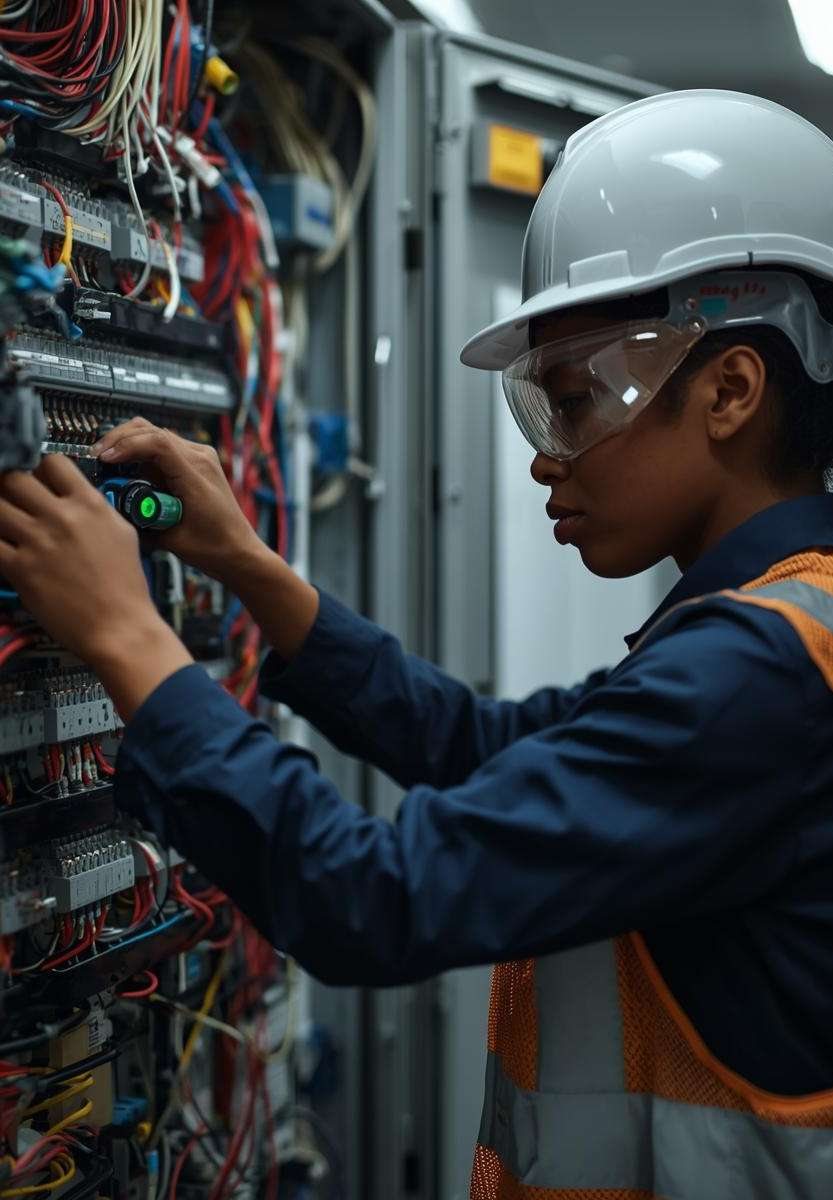 Engineer wiring an electrical cabinet